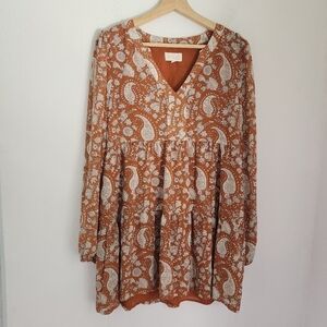 MELLODAY Boho Paisley Babydoll Rust Orange Dress Medium